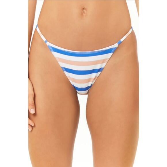 FOREVER 21 Striped Strappy Bikini Bottoms Size XL Blue White Peach Cheeky - Picture 3 of 5